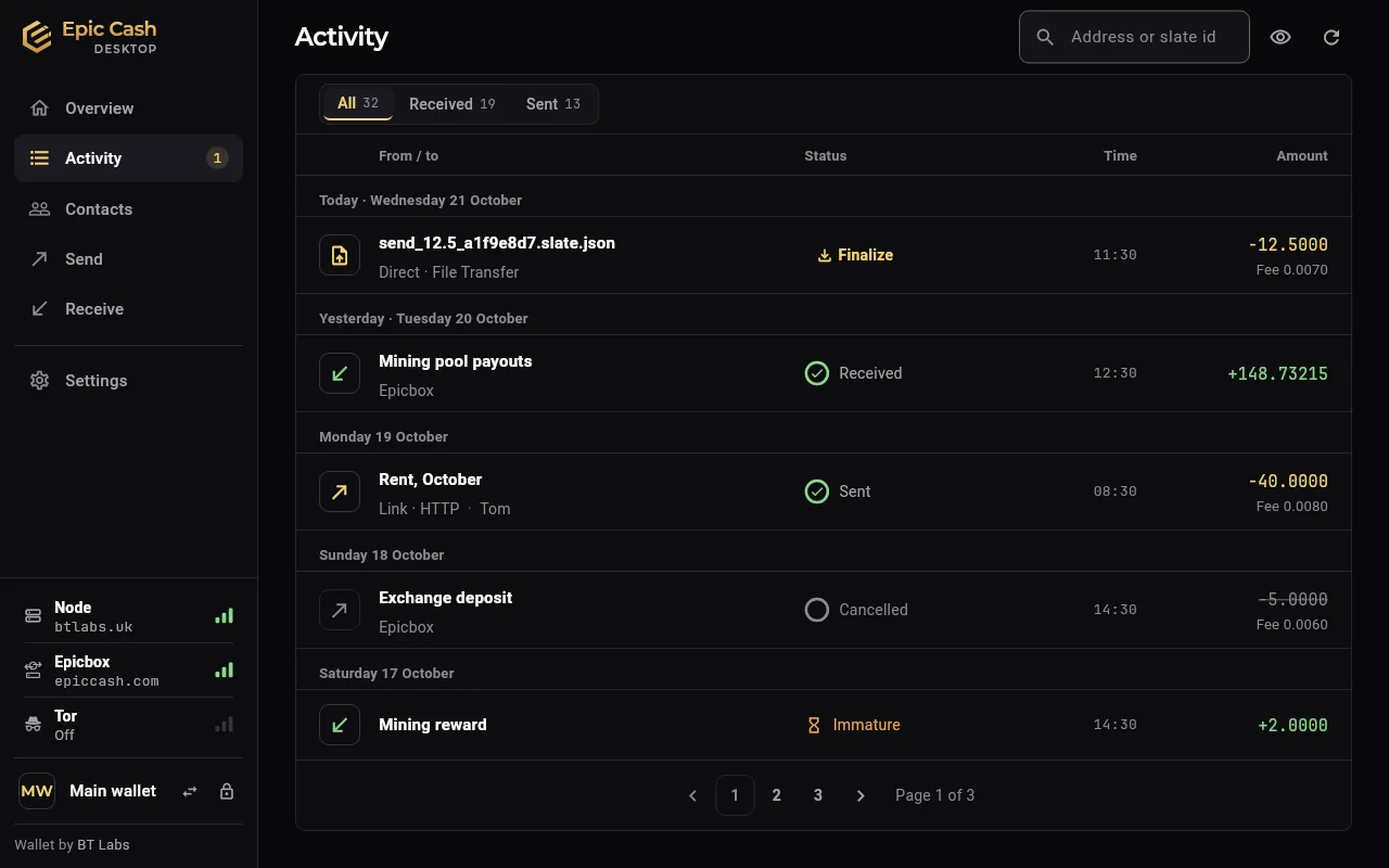 Epic Cash Desktop, Activity: every payment with its state in words, filters and search.