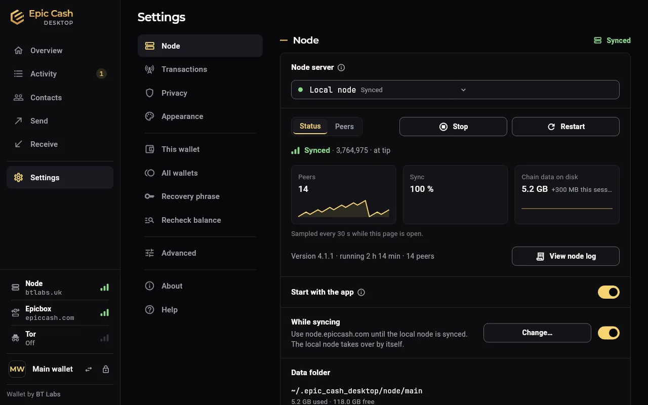 Epic Cash Desktop, Settings, Node: the local node synced, peers, sync and chain data, start with the app.