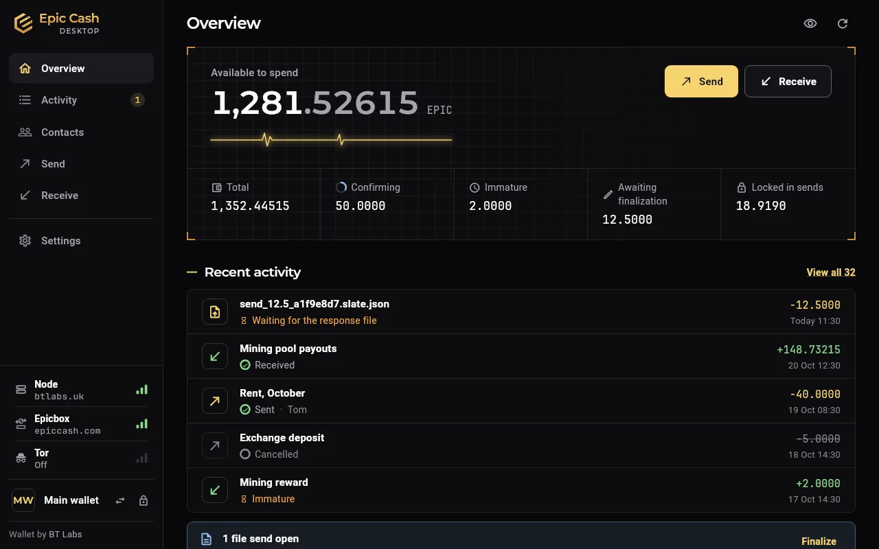 Epic Cash Desktop, Overview: the balance, what is confirming and locked, Send and Receive, recent activity; node, Epicbox and Tor in the sidebar.