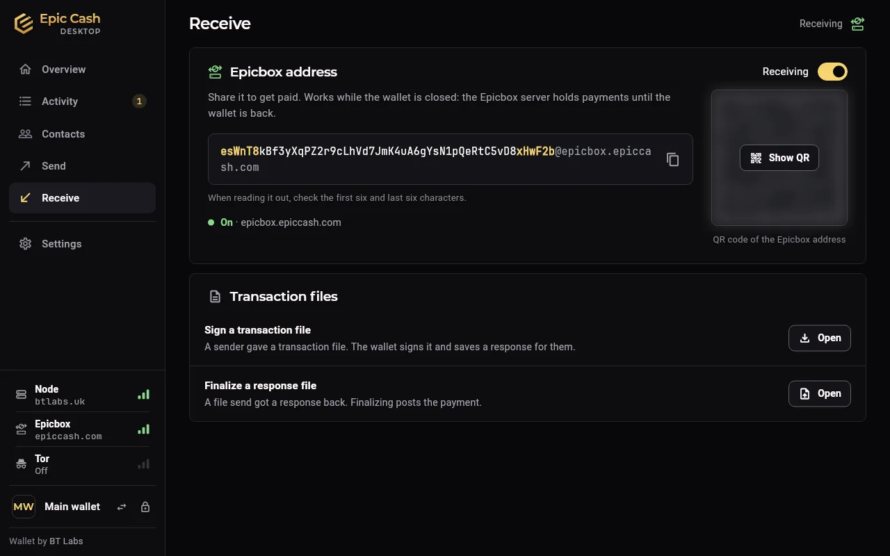 Epic Cash Desktop, Receive: the Epicbox address, Show QR, Issue an invoice, and transaction files.