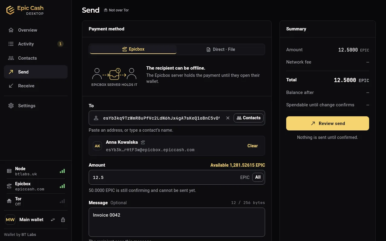 Epic Cash Desktop, Send: a contact, the amount, a message, and the summary before Review send.