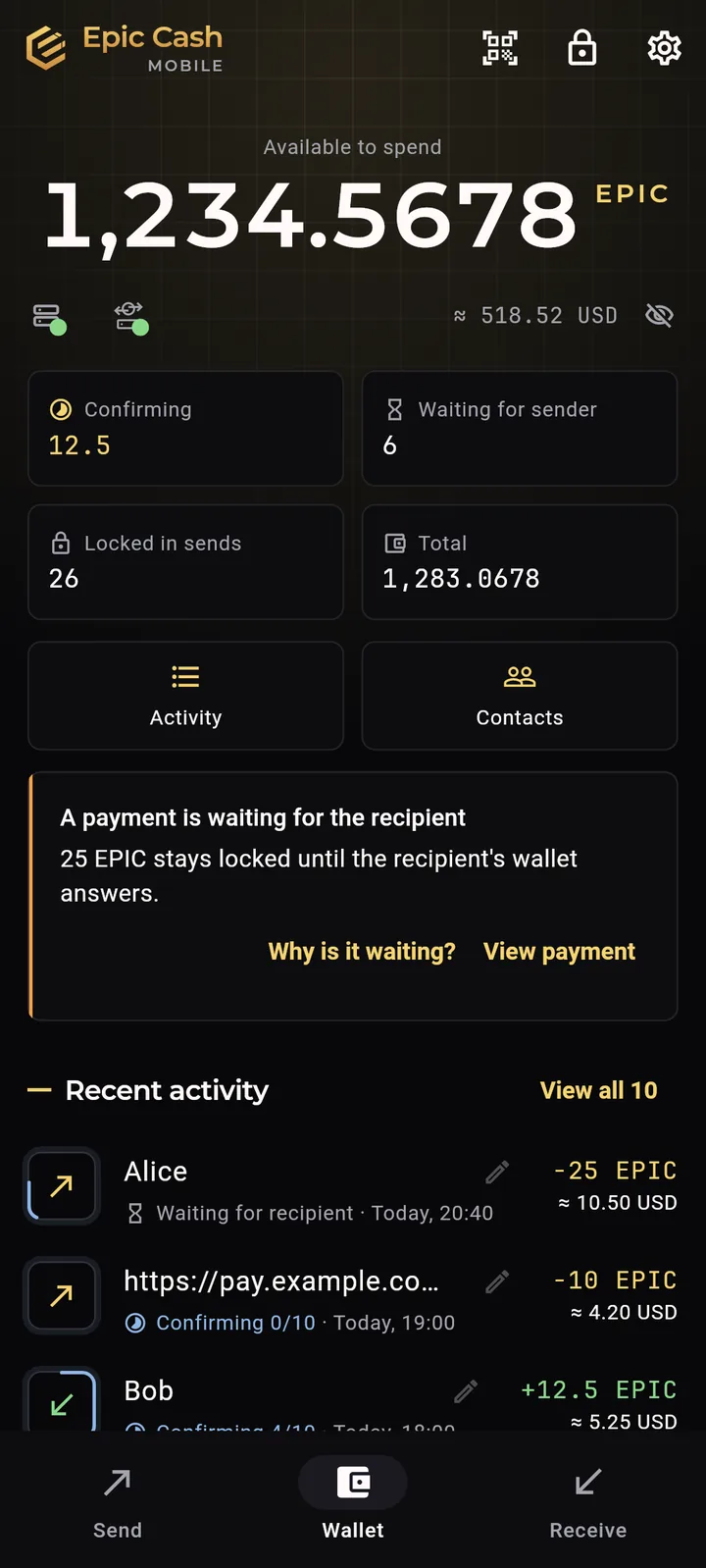 Epic Cash Mobile, Wallet tab: the balance with what is confirming, waiting and locked, then recent activity.