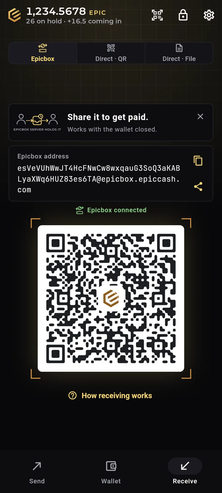 Epic Cash Mobile, Receive: the Epicbox address and its QR code.
