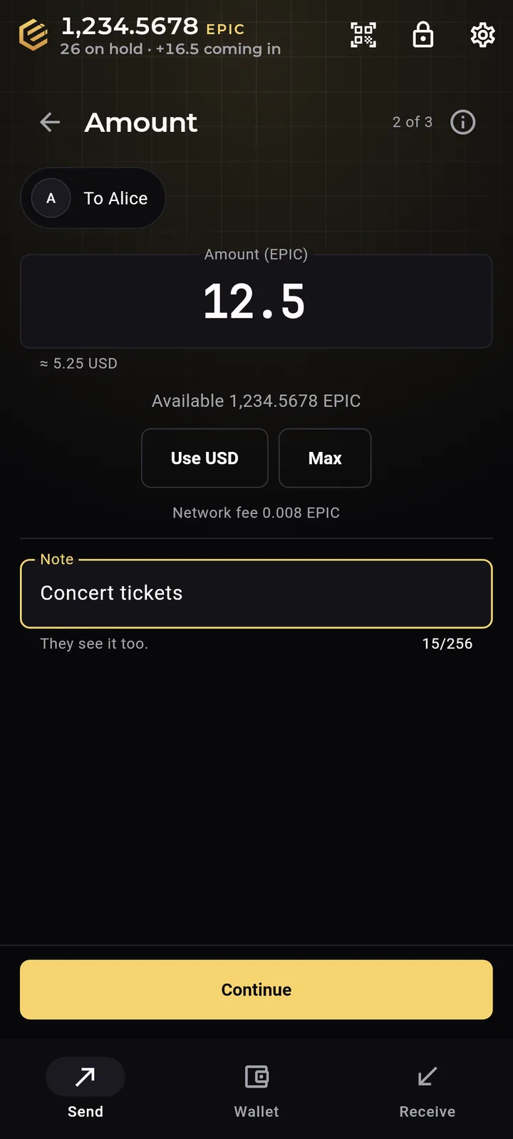 Epic Cash Mobile, Send, the amount step: 12.5 EPIC to a contact, with a note.