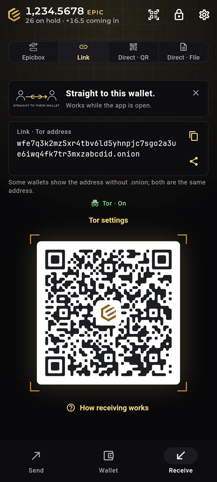 Epic Cash Mobile, Receive over Tor: the onion address, Tor on, and its QR code.