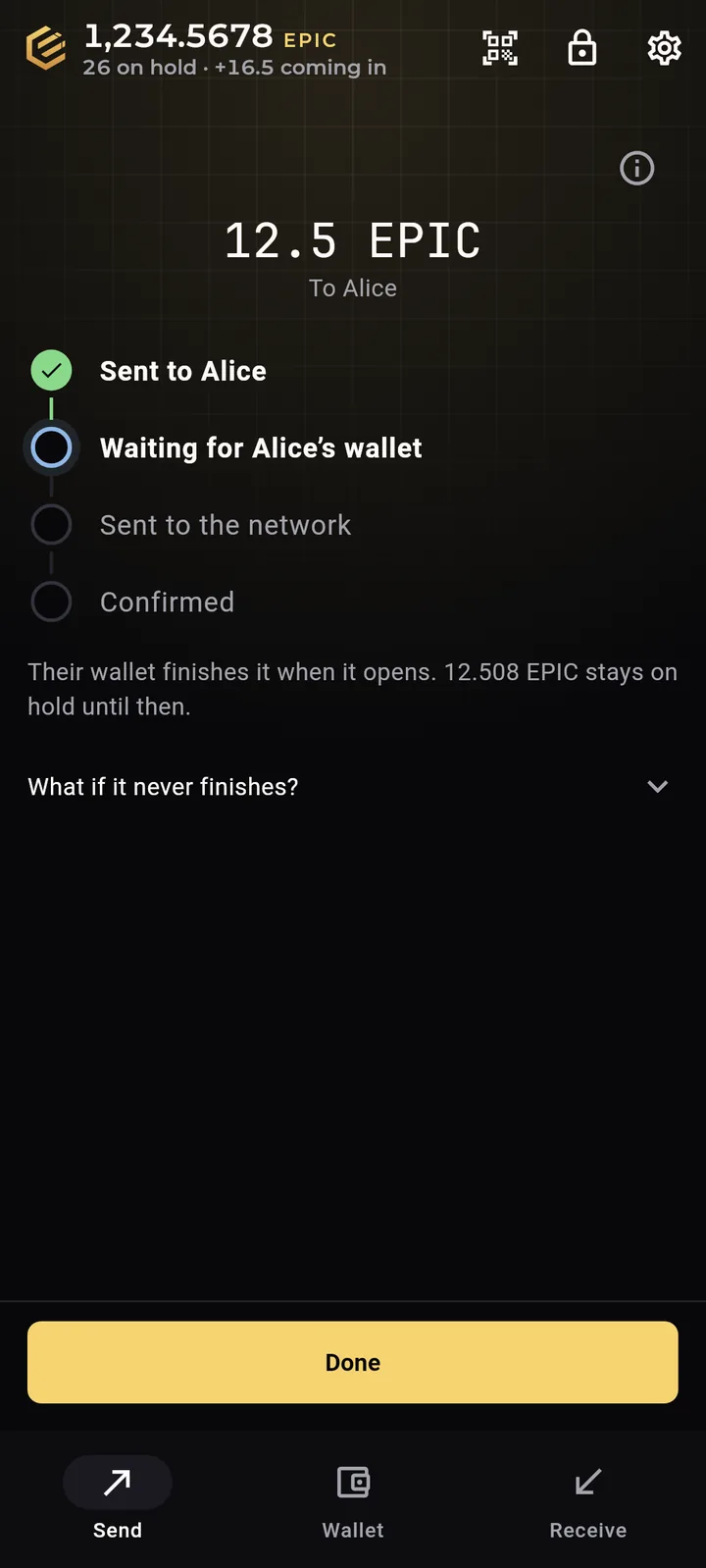 Epic Cash Mobile, a payment on its way: sent, waiting for the other wallet, then the network, then confirmed.