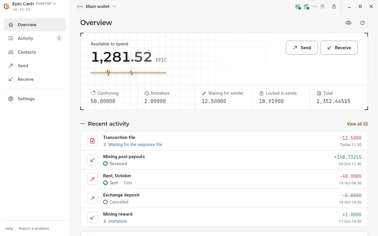 Epic Cash Desktop: the Overview with the balance, Send and Receive, and recent activity