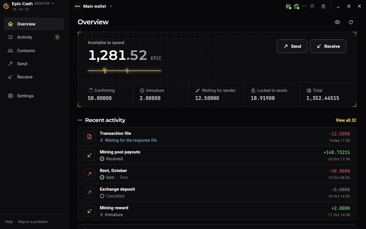 Epic Cash Desktop: the Overview with the balance, Send and Receive, and recent activity
